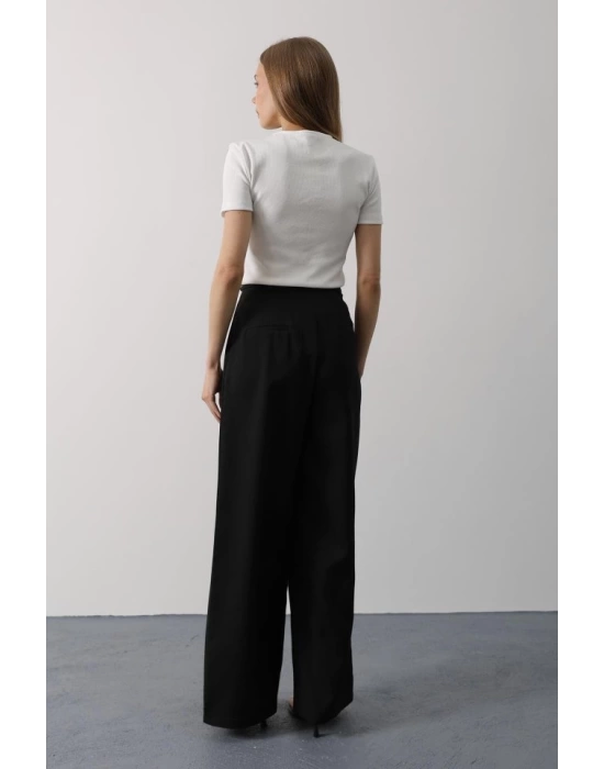 Pileli Bağcıklı Oversize Pantolon - Siyah