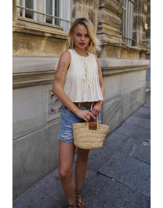 Pileli Bağlamlı Bluz - Natür