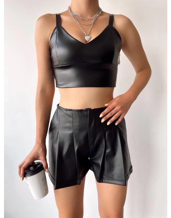 Pileli deri şort siyah h240053