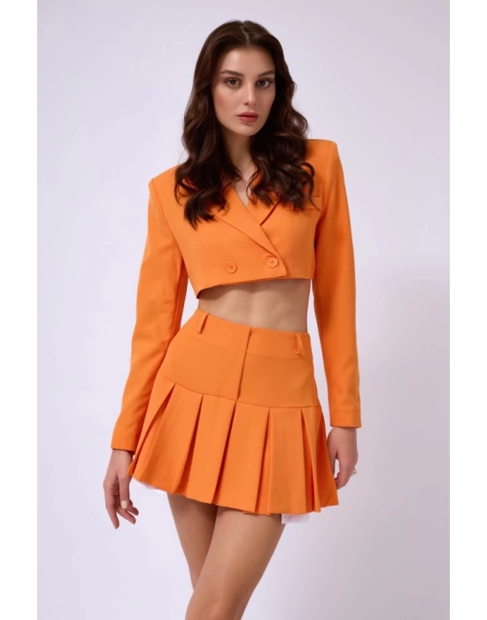 Pileli Etek Crop Ceket Takım