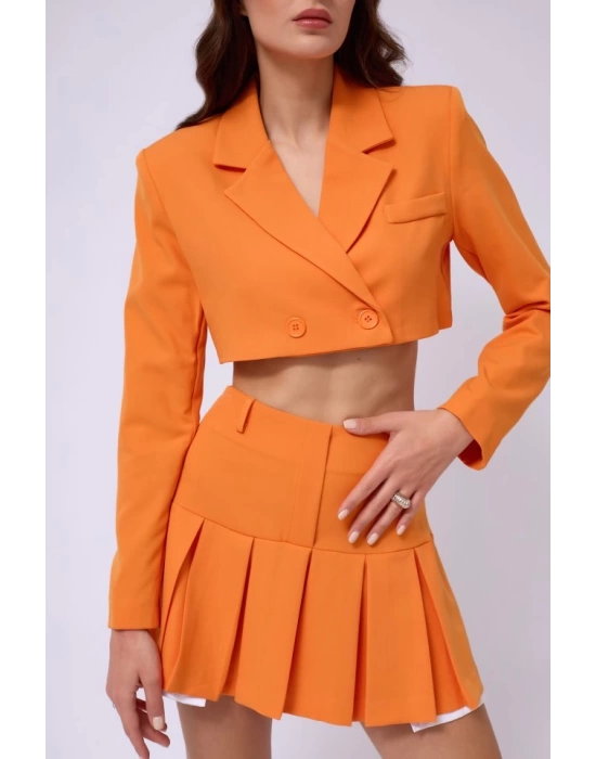 Pileli Etek Crop Ceket Takım