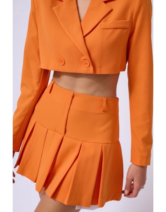 Pileli Etek Crop Ceket Takım