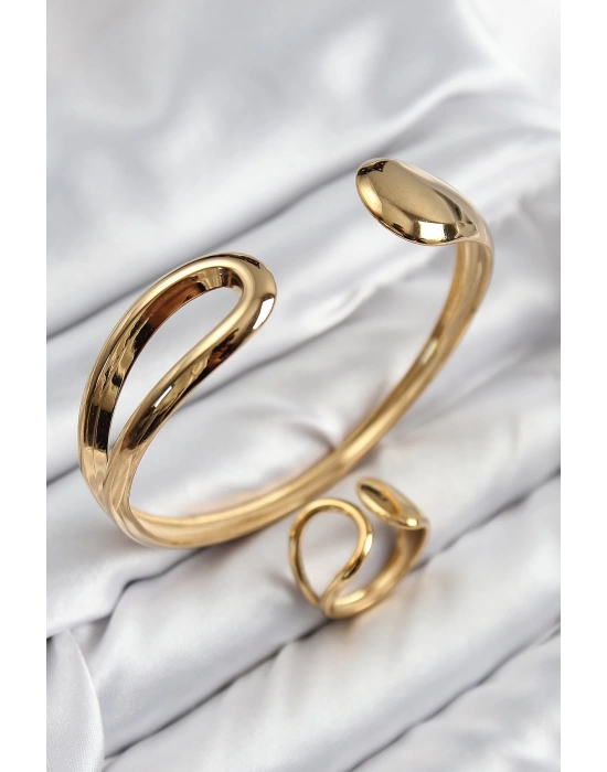 Pirinç Ayrık Model Gold Renk Bileklik Yüzük Set
