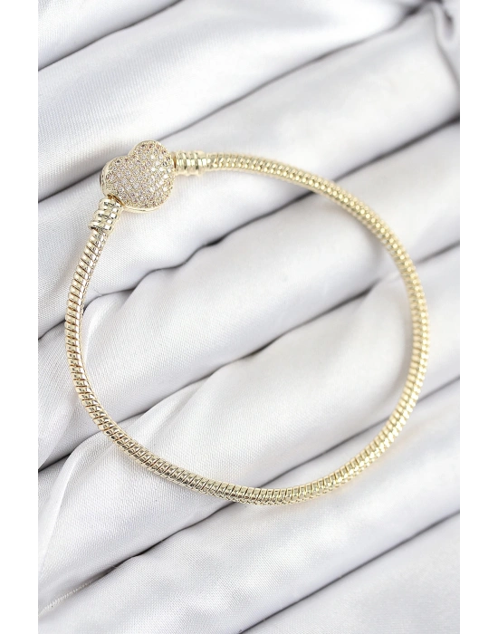 Pirinç Charm Zirkon Taşlı Kalp Model Gold Renk Kadın Bileklik