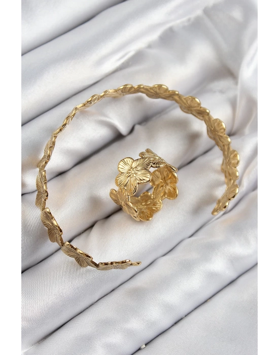 Pirinç Çiçek Model Gold Renk Bileklik Yüzük Set
