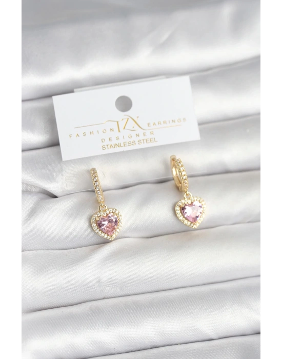 Pirinç Gold Pembe Renk Zirkon Taşlı Kalp Model Kadın Küpe