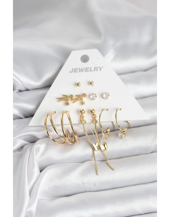 Pirinç Gold Renk 6 Çiftli Kadın Küpe Seti