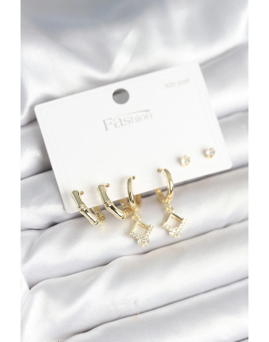 Pirinç Gold Renk 925 Ayar Gümüş Çivili Kadın Küpe Seti