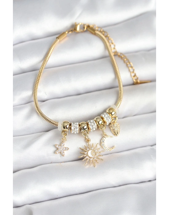 Pirinç Gold Renk Ay ve Güneş Charmlı Kadın Bileklik
