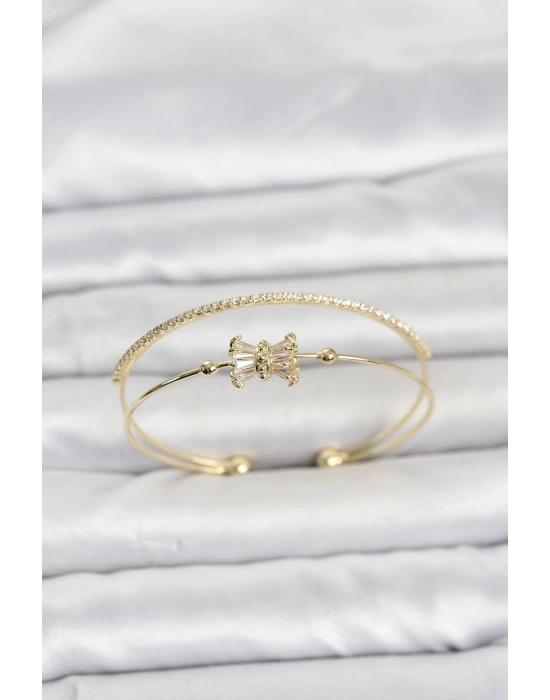 Pirinç Gold Renk Baget Zirkon Taşlı Objeli Kadın Bileklik