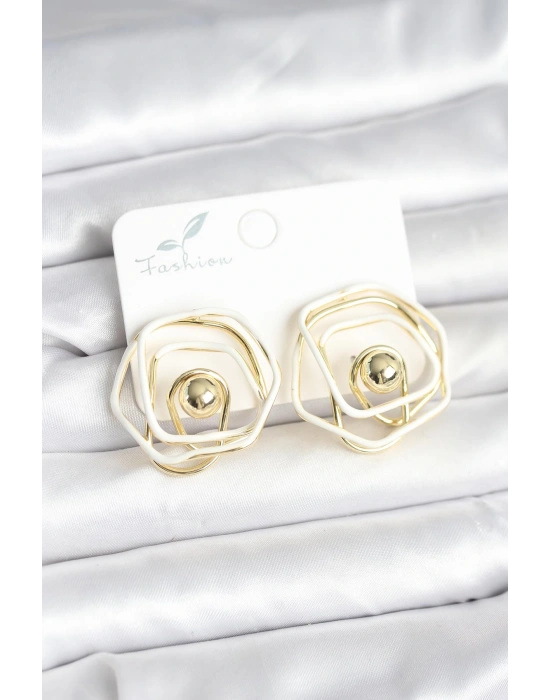 Pirinç Gold Renk Beyaz Mineli Geometrik Gül Model Kadın Küpe