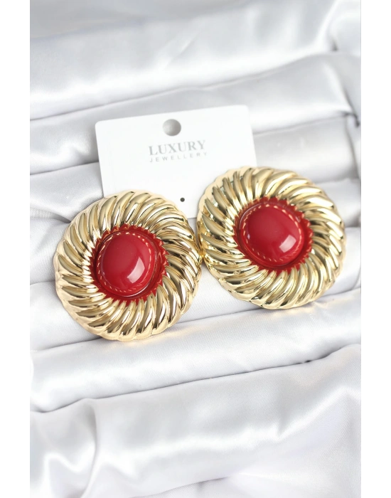 Pirinç Gold Renk Bordo Boncuklu Vintage Kadın Küpe