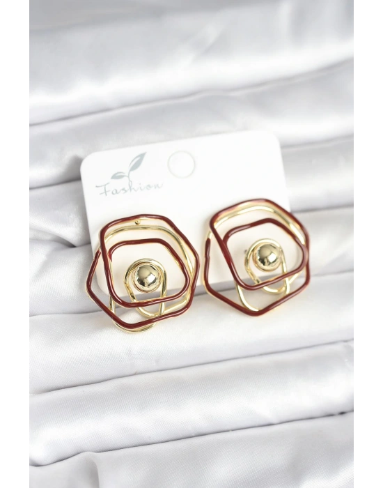 Pirinç Gold Renk Bordo Mineli Geometrik Gül Model Kadın Küpe