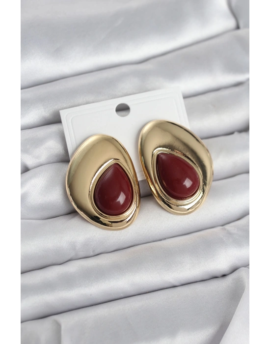 Pirinç Gold Renk Bordo Taşlı Damla Model Vintage Kadın Küpe