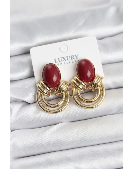 Pirinç Gold Renk Bordo Taşlı Vintage Kadın Küpe
