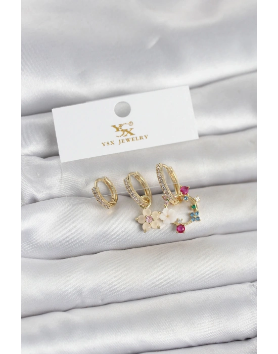 Pirinç Gold Renk Çiçek Model 3lü Kadın Küpe
