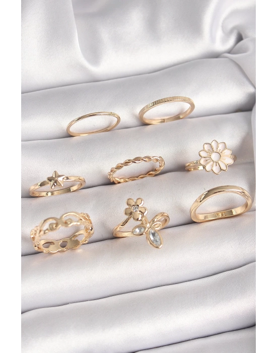 Pirinç Gold Renk Çiçek Model Zirkon Taş Detay Kadın Yüzük Kombini