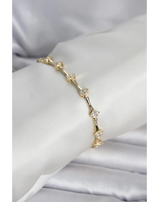 Pirinç Gold Renk Damla Model Zirkon Taşlı Kadın Bileklik