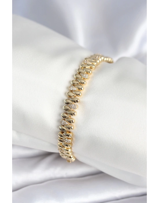 Pirinç Gold Renk Damla Model Zirkon Taşlı Kadın Bileklik