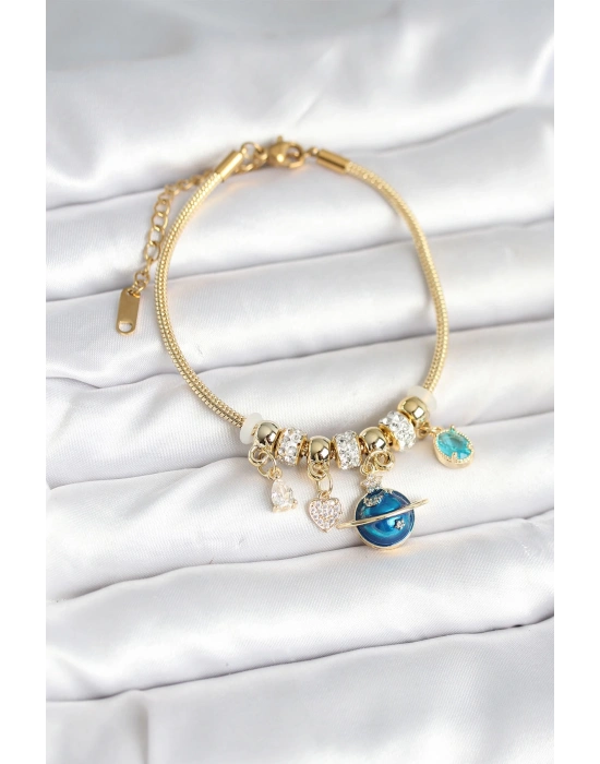 Pirinç Gold Renk Dünya Charmlı Kadın Bileklik