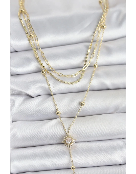 Pirinç Gold Renk Güneş Model Detaylı 3lü Kombin Y Kadın Kolye