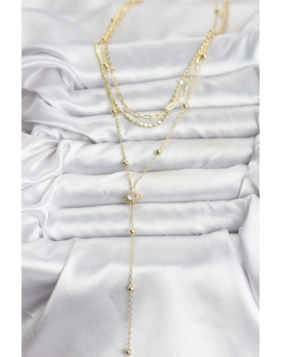 Pirinç Gold Renk Güneş Model Detaylı 3lü Kombin Y Kadın Kolye