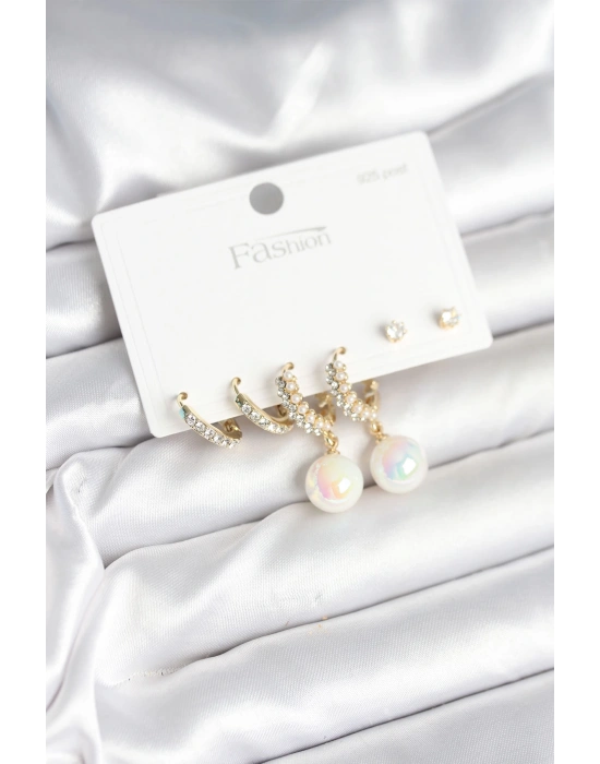 Pirinç Gold Renk İncili 925 Ayar Gümüş Çivi Kadın Küpe Seti