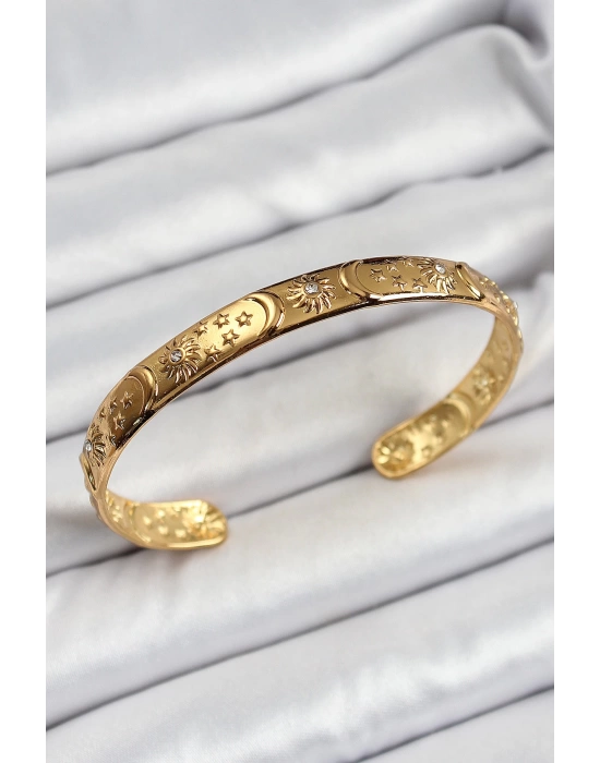 Pirinç Gold Renk İşlemeli Altı Açık Bileklik