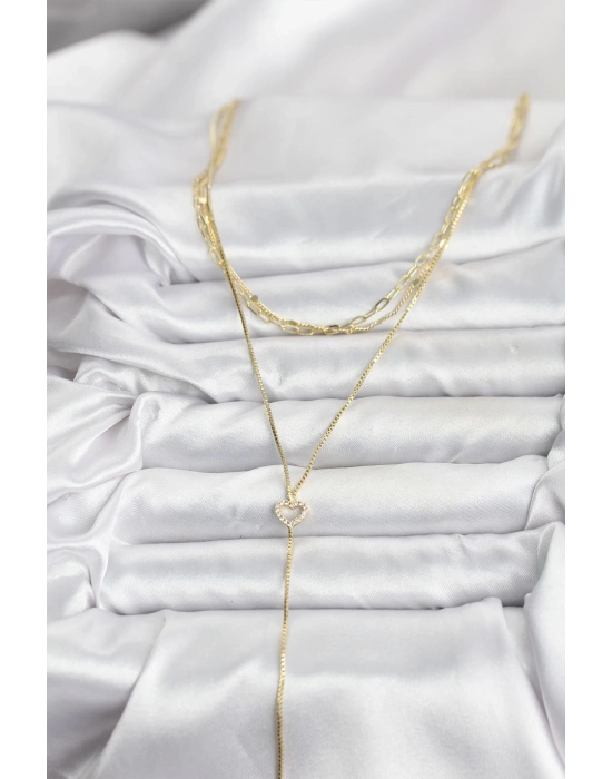 Pirinç Gold Renk Kalp Detaylı 3lü Kombin Y Kadın Kolye