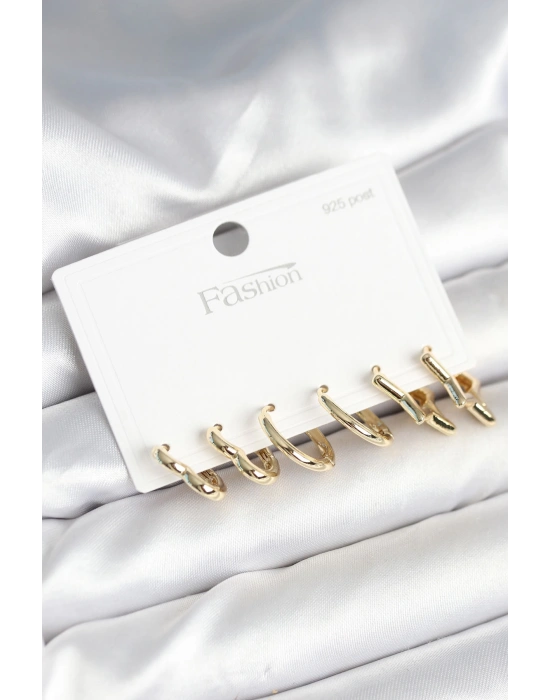 Pirinç Gold Renk Kalp Yıldız ve Halka Model 925 Ayar Gümüş Çivili Kadın Küpe Seti