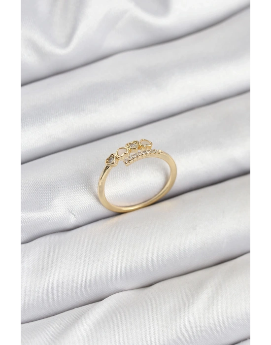 Pirinç Gold Renk Kalpli Detaylı Zirkon Taşlı Kadın Yüzük