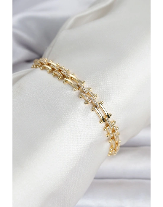 Pirinç Gold Renk Kare Zincir Model Zirkon Taşlı Kadın Bileklik