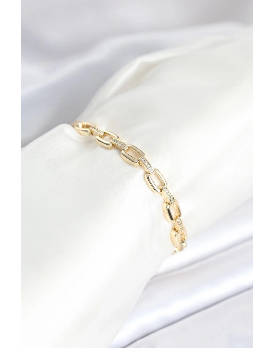 Pirinç Gold Renk Kare Zincir Model Zirkon Taşlı Kadın Bileklik