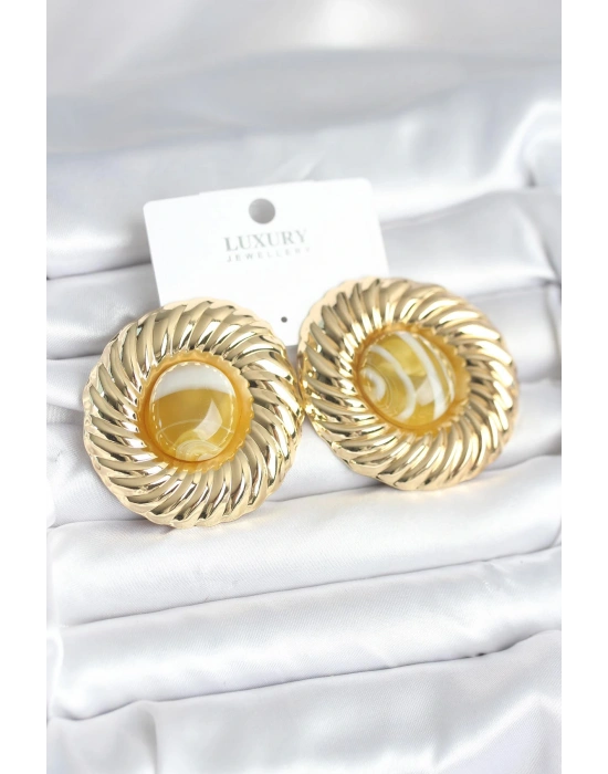 Pirinç Gold Renk Kehribar Boncuklu Vintage Kadın Küpe