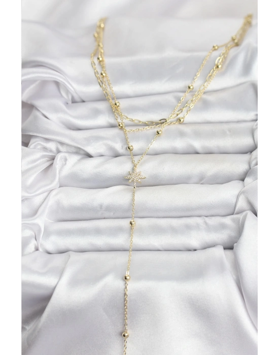 Pirinç Gold Renk Kutup Yıldızı Detaylı 3lü Kombin Kadın Kolye