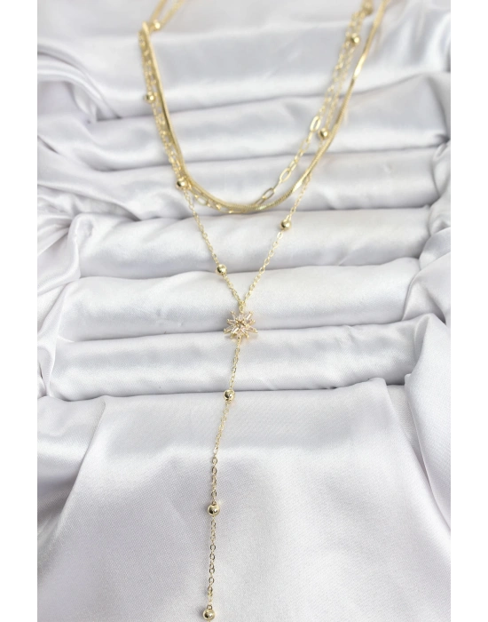 Pirinç Gold Renk Kutup Yıldızı Model Detaylı 3lü Kombin Y Kadın Kolye