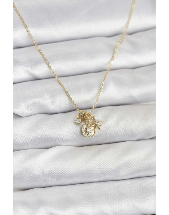 Pirinç Gold Renk Minimal Charmlı Kadın Kolye