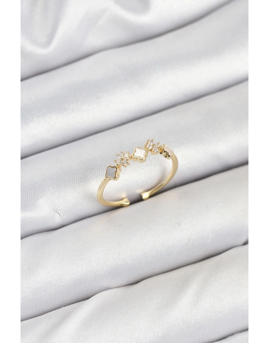 Pirinç Gold Renk Minimal Yonca Detaylı Kadın Yüzük