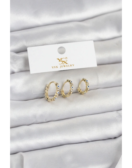 Pirinç Gold Renk Nazarlı Model 3lü Kadın Küpe