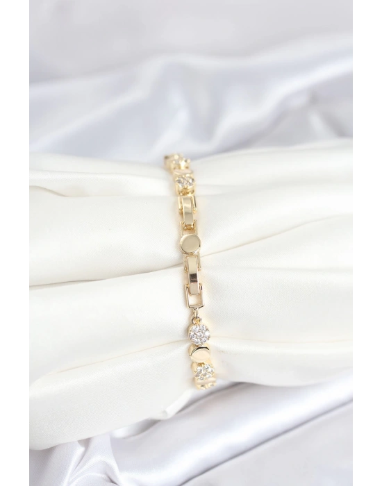 Pirinç Gold Renk Nokta Model Zirkon Taşlı Kadın Bileklik