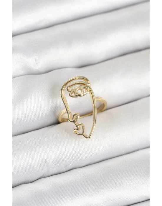 Pirinç Gold Renk Picasso Tarzı Tek Çizgi Yüz Model Kadın Yüzük
