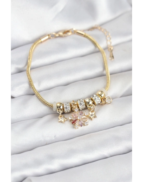 Pirinç Gold Renk Renkli Yıldız Charmlı Kadın Bileklik