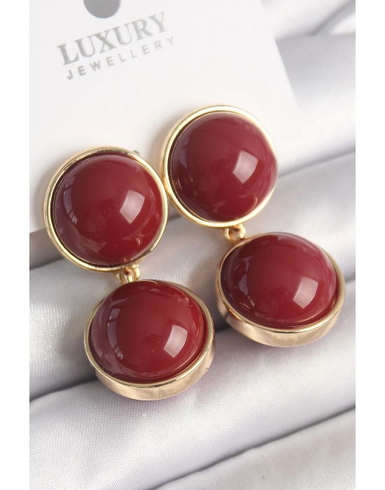 Pirinç Gold Renk Sallantı Bordo Daire Model Kadın Küpe