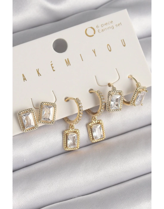 Pirinç Gold Renk Sallantı Kare Zirkon Taşlı VIP Seri Kadın Küpe Seti