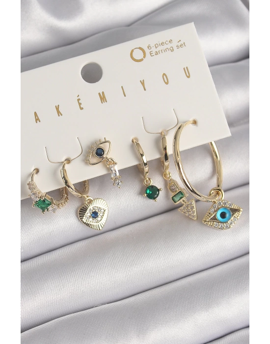 Pirinç Gold Renk Sallantı Zirkon Taşlı Göz Figür VIP Seri Kadın Küpe Seti