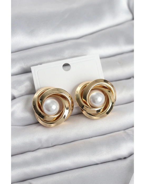 Pirinç Gold Renk Sarmal Model İncili Kadın Küpe