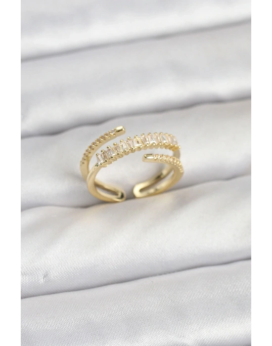 Pirinç Gold Renk Sıralı Baget Zirkon Taşlı Kadın Yüzük