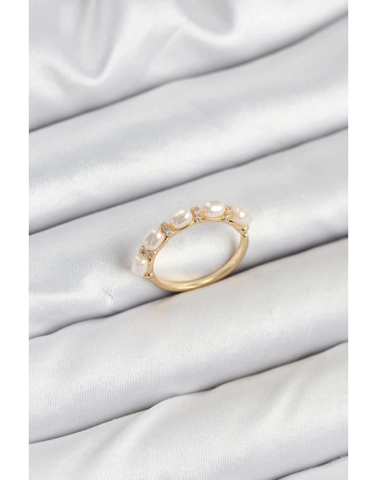 Pirinç Gold Renk Sıralı İncili Kadın Yüzük