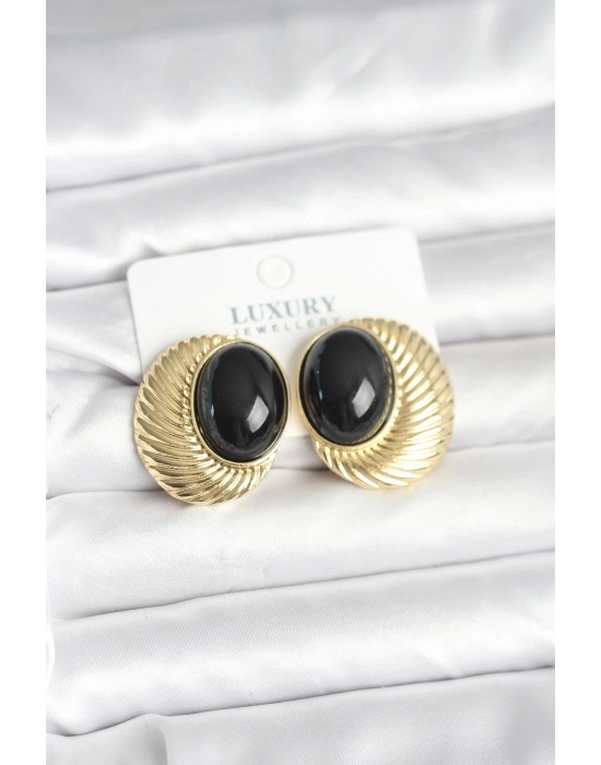 Pirinç Gold Renk Siyah Boncuklu Oval Vintage Kadın Küpe
