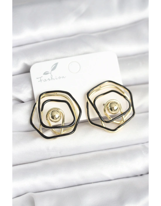 Pirinç Gold Renk Siyah Mineli Geometrik Gül Model Kadın Küpe